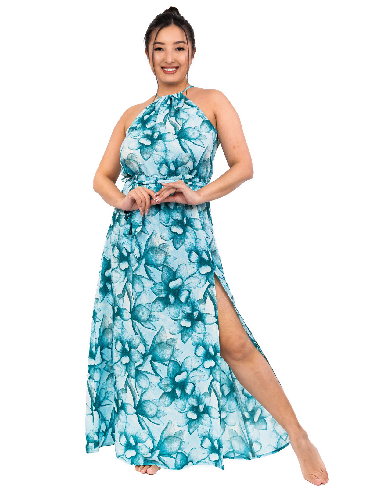 Himalife Dlouhé šaty s páskem  Nala - tyrkysová s bílou Velikost: S/M