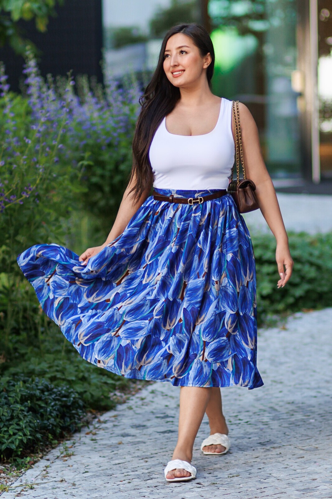 Himalife Kolová maxi sukně s kapsami Tulipány - modré Velikost: S/M