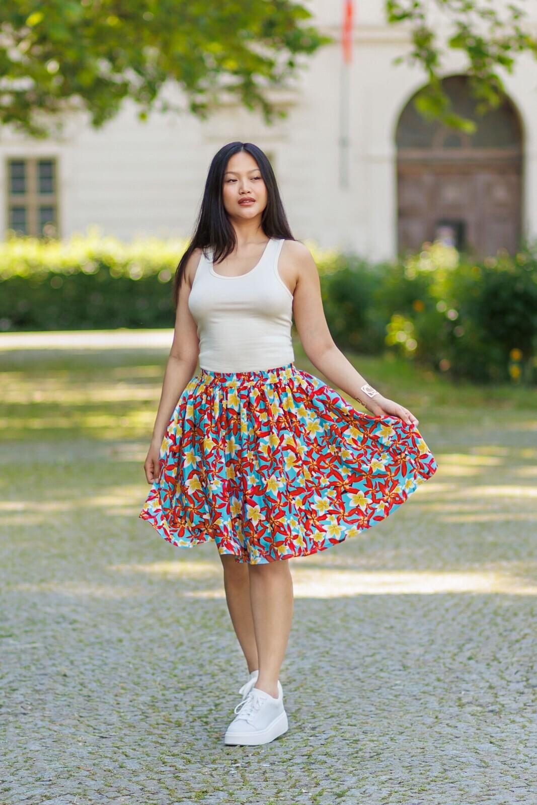 Himalife Kolová sukně s kapsami Plumerie - tyrkysová Velikost: S/M