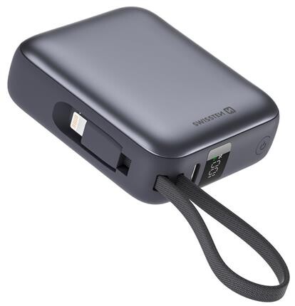 Swissten Power bank 10000 mAh s integrovanými kabely - USB-C, A, Lightning / šedá