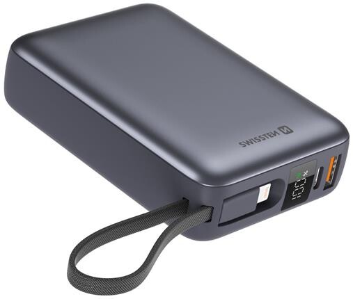 Swissten Power bank 20000 mAh s integrovanými kabely - USB-C, A, Lightning / šedá