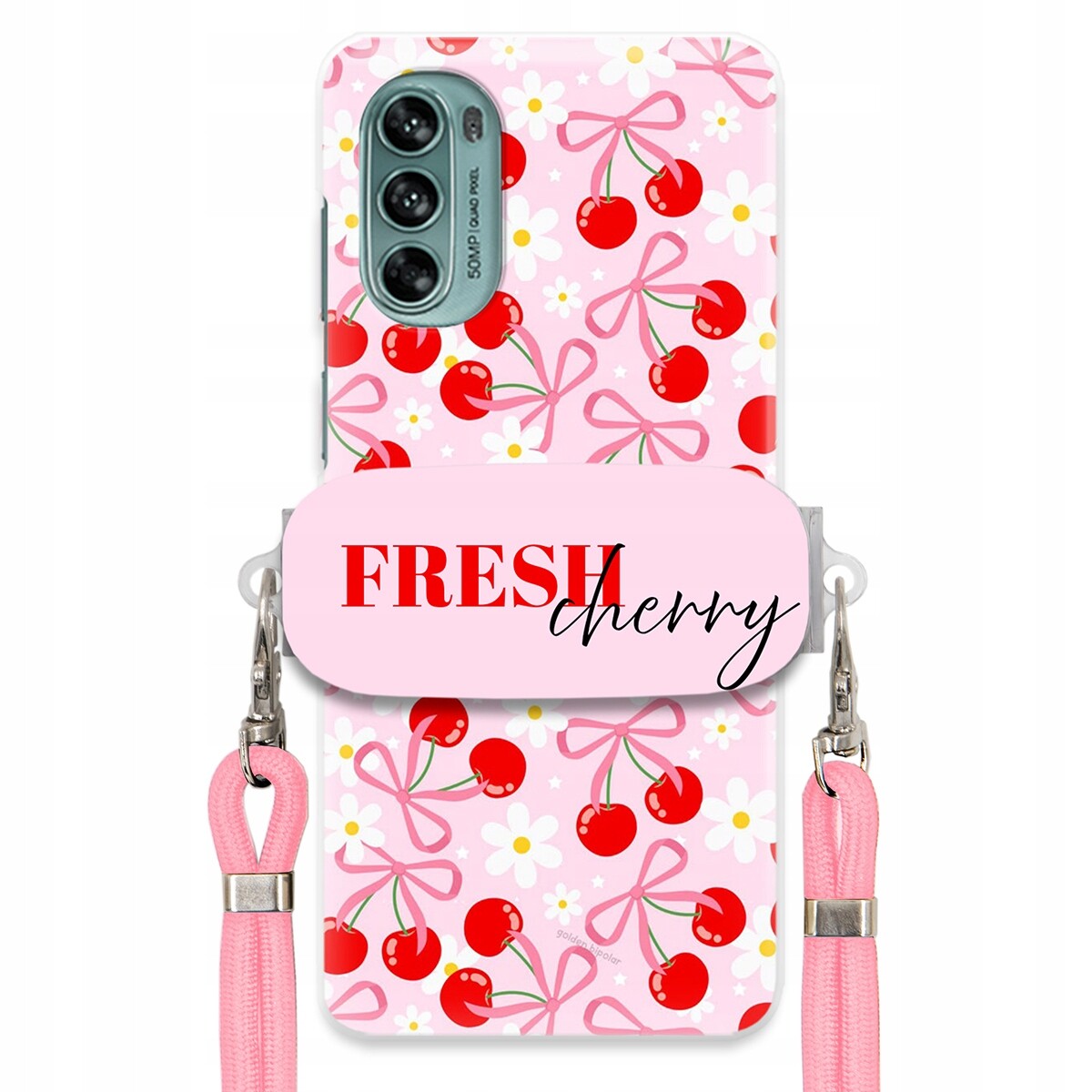 Pouzdro pro Motorola G62 5G Case Držák Šňůrky Růžová Fresh Cherry Kokardy
