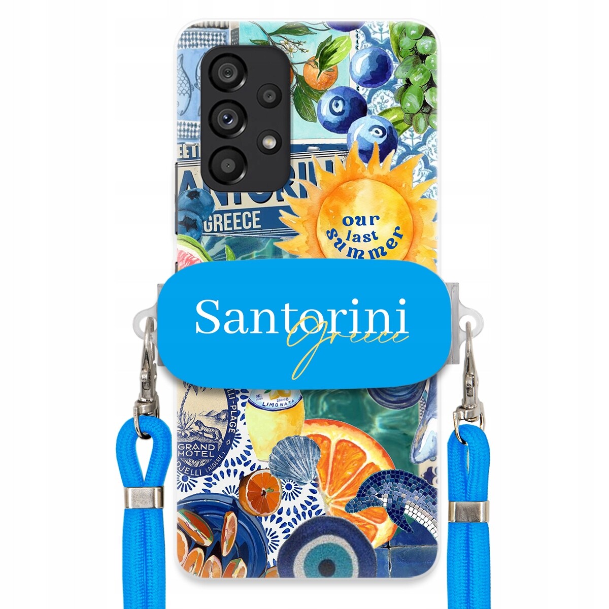 Pouzdro pro Samsung M53 5G Modré Crossbody vodítko držák Santorini Greece