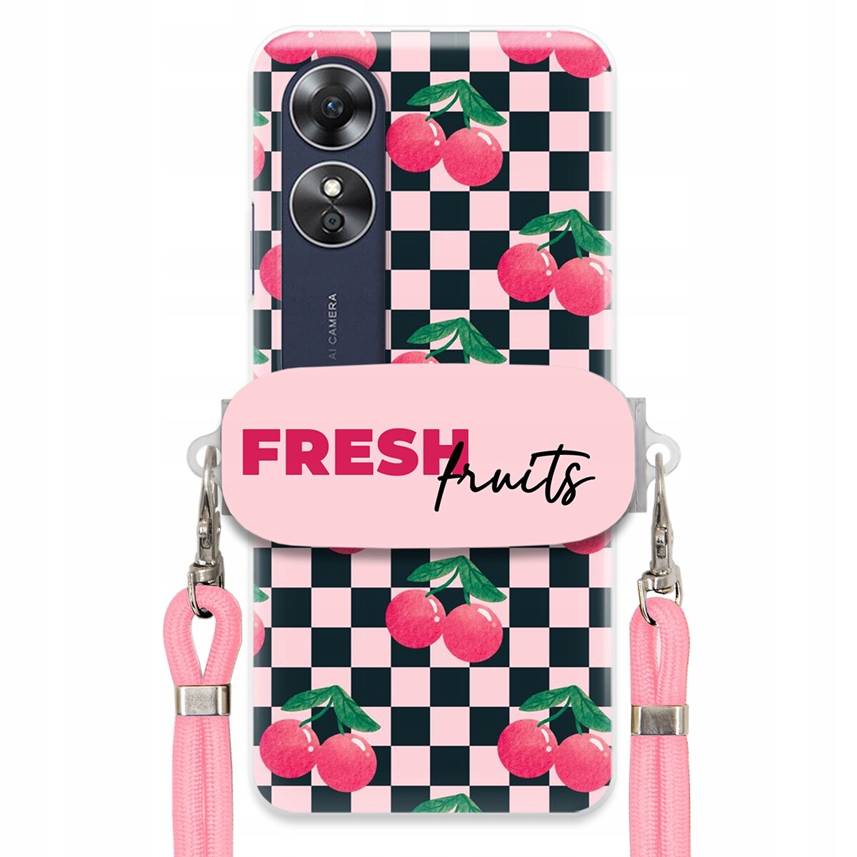 Pouzdro pro Oppo A17 Růžové vodítko Funkční rukojeť Fresh Fruits Šachovnice