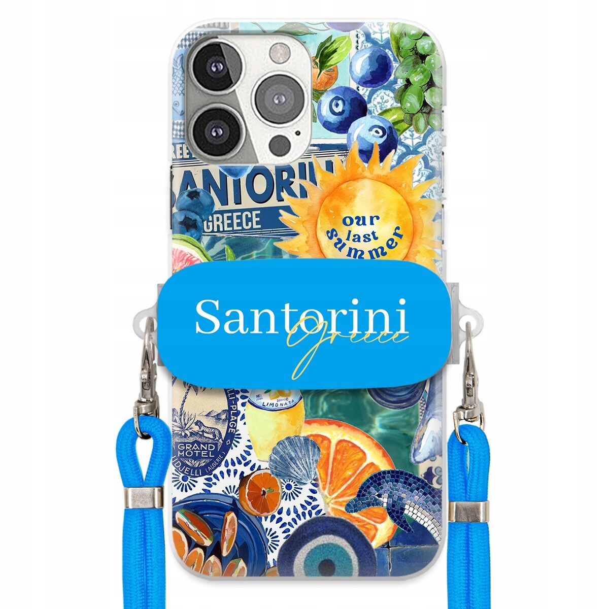 Pouzdro pro iPhone 13 Pro Modré Crossbody vodítko držák Santorini Greece