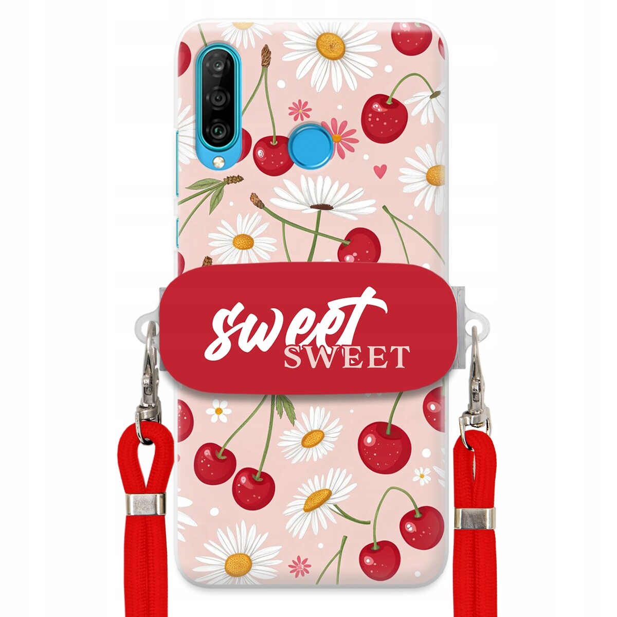 Pouzdro pro Huawei P30 Lite Červené vodítko držák Crossbody Sweet Višňový Květ