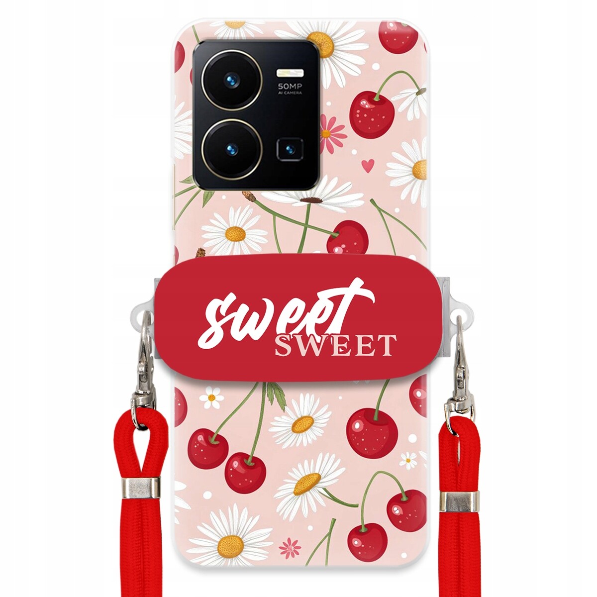 pouzdro na Vivo Y35 4G Červené vodítko držák Sweet Sweet Višeň a sedmikráska