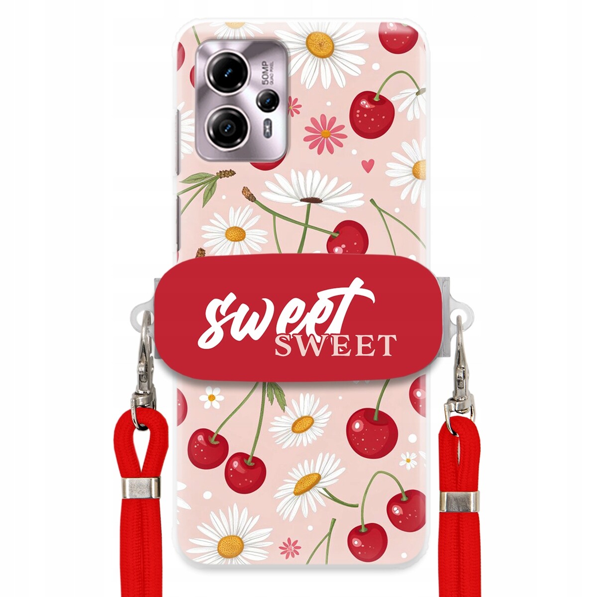 Pouzdro pro Motorola G13 Červené vodítko držák Crossbody Sweet Višňový Květ