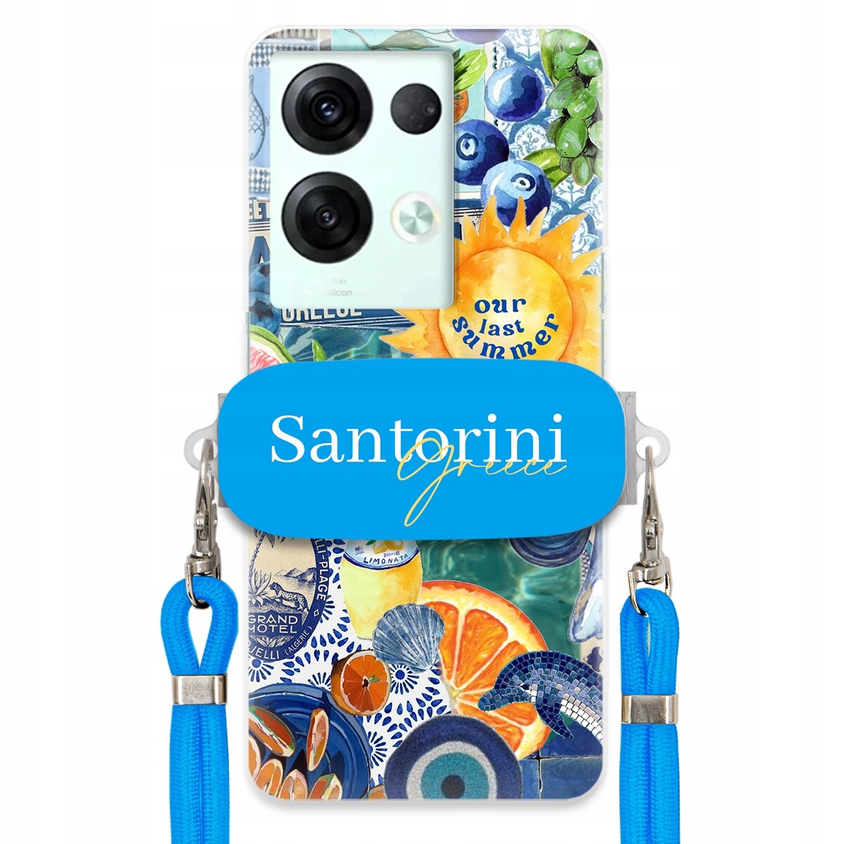 Pouzdro pro Oppo Reno 8 5G Modré Crossbody vodítko držák Santorini Greece