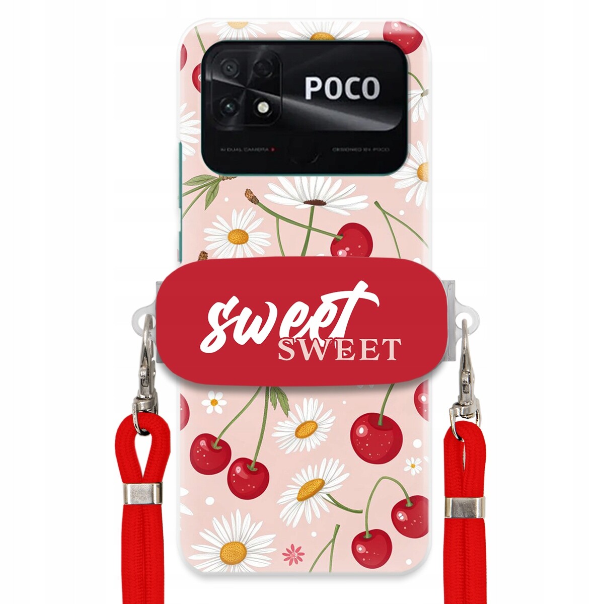 Pouzdro pro Xiaomi Poco C40 Červené vodítko držák Crossbody Sweet Višňový Květ
