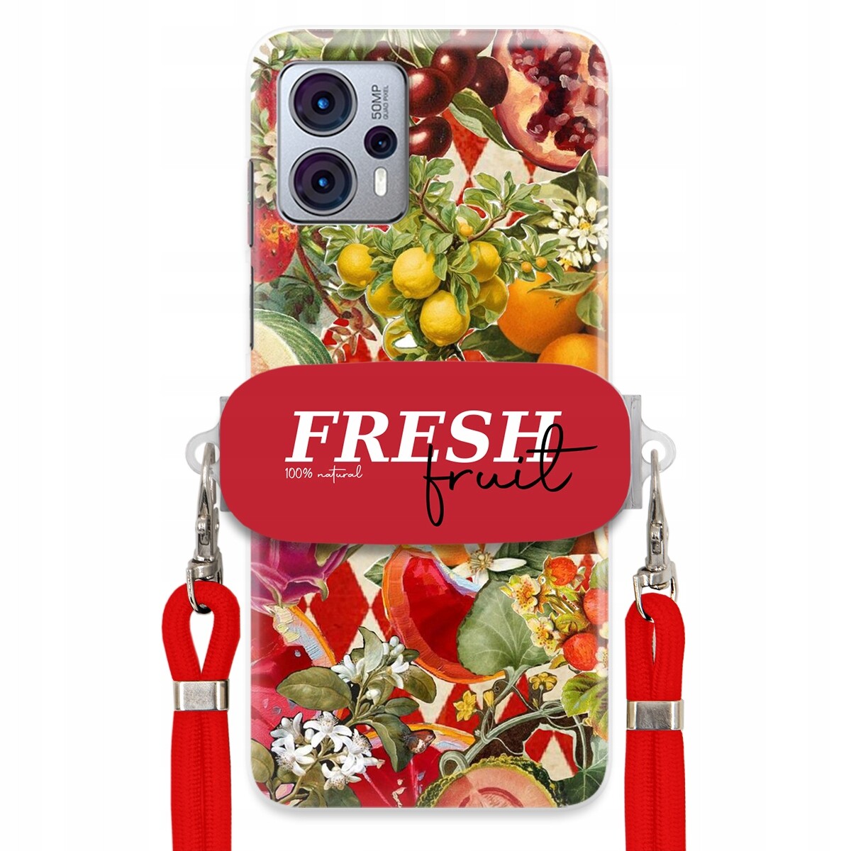 Pouzdro pro Motorola G23 Červené Crossbody vodítko Držák Fresh Fruit Ovocné