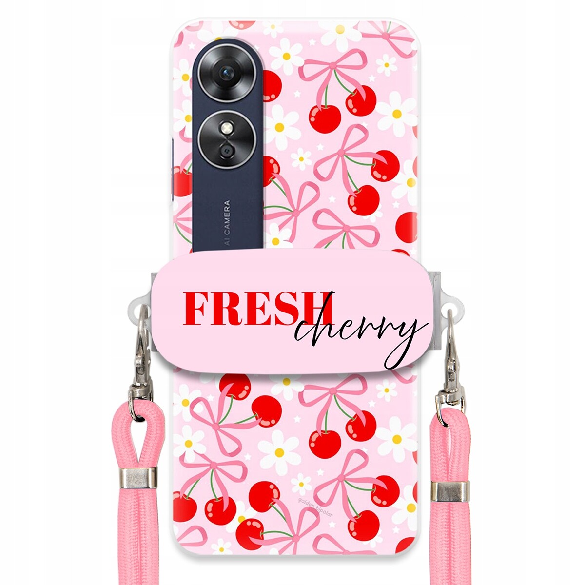 Pouzdro pro Oppo A17 Case Držák Šňůrka Růžová Fresh Cherry Kokardy Pink