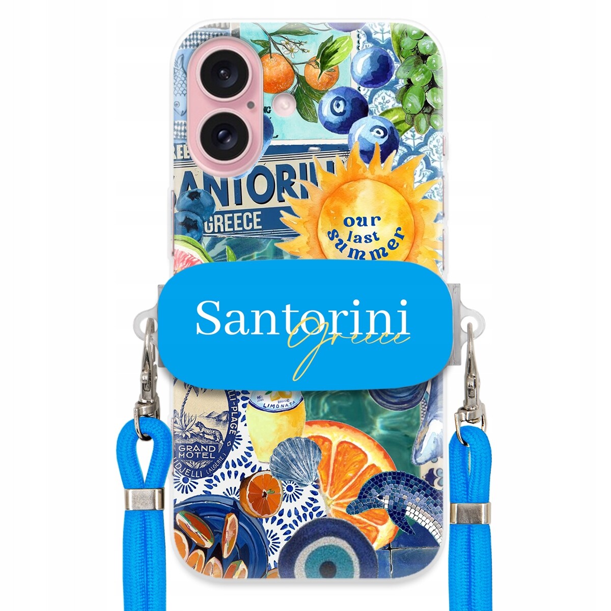 Pouzdro pro iPhone 16 Modré vodítko Crossbody Držák Santorini Sea Vibes