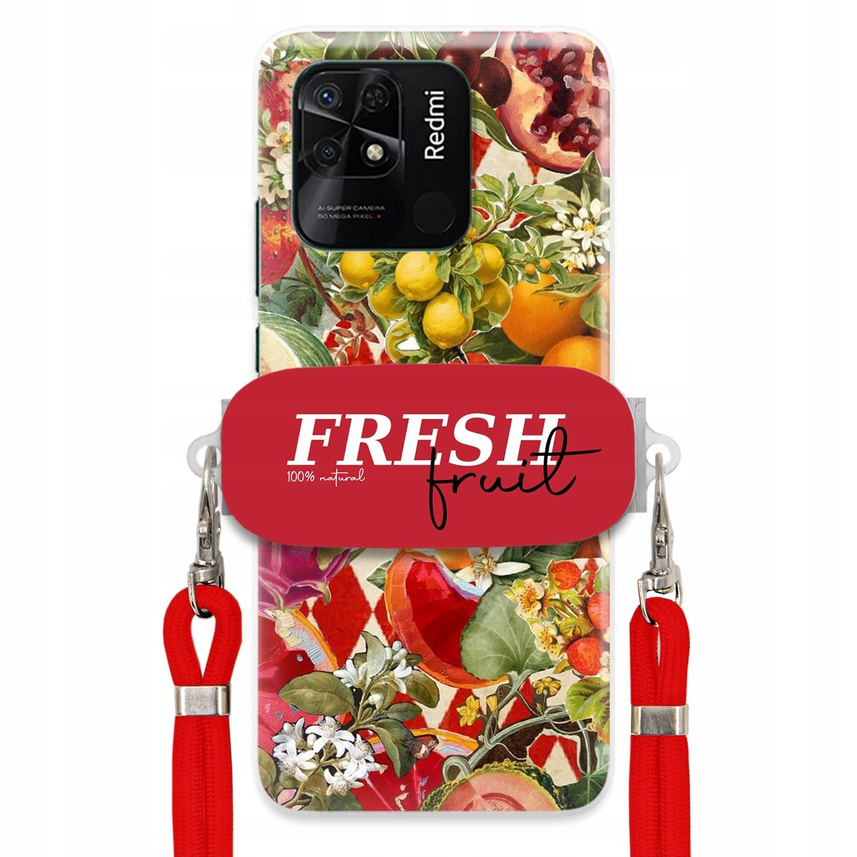 Pouzdro pro Xiaomi Redmi 10C 4G Červené Crossbody vodítko Držák Fresh Fruit