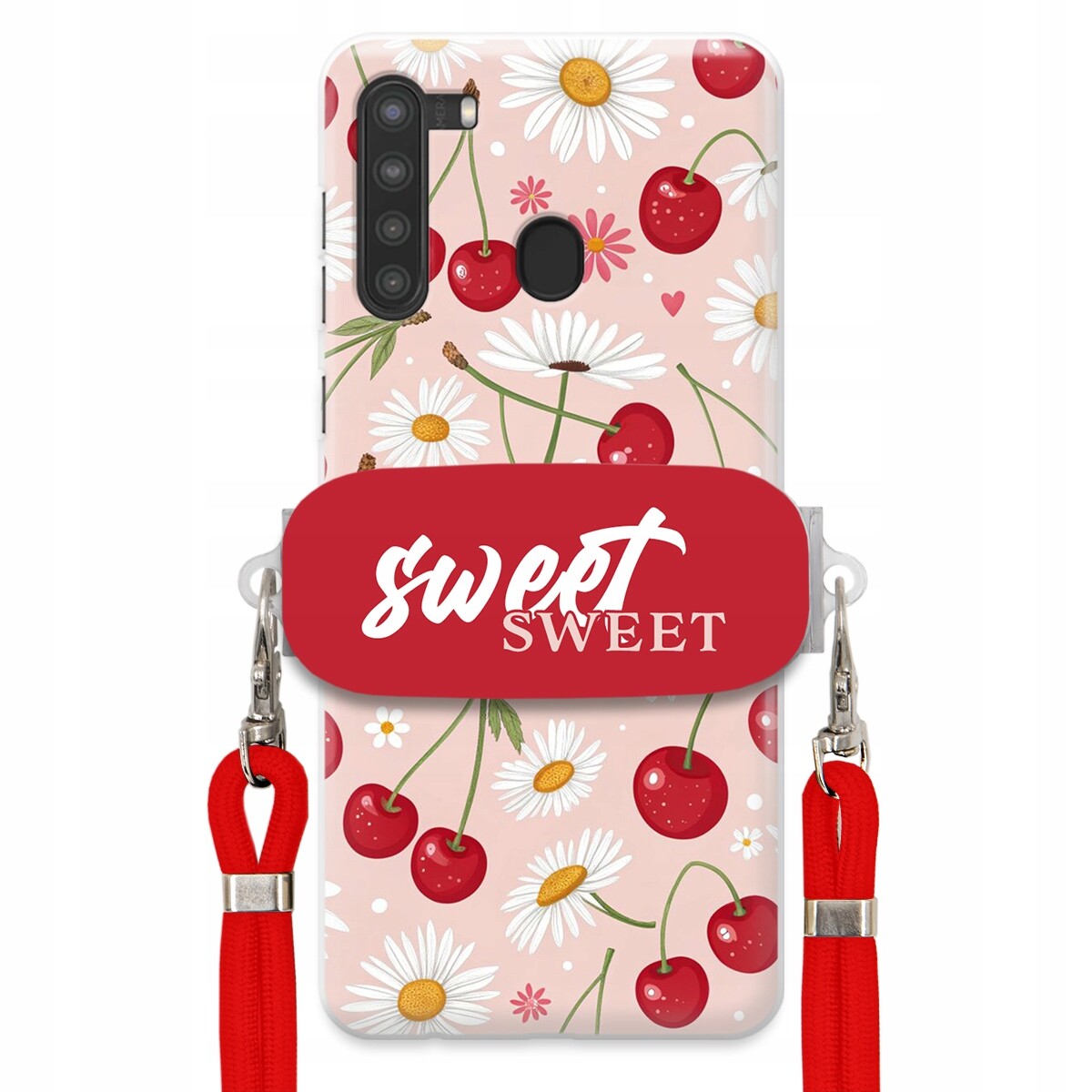 Pouzdro pro Samsung A21 Červené vodítko držák Sweet Sweet Višeň a sedmikráska