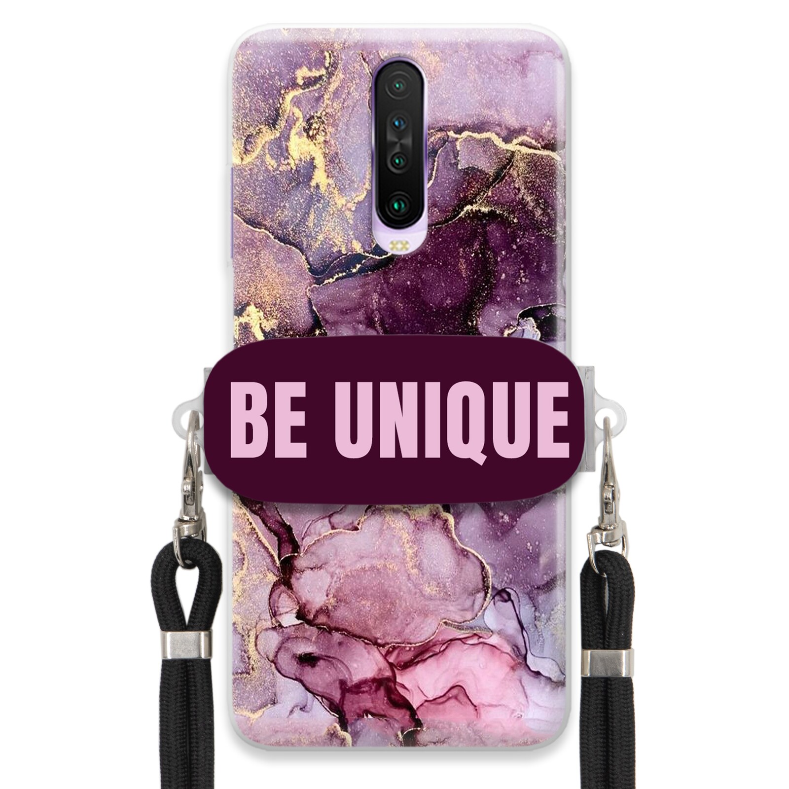 Pouzdro pro Xiaomi Redmi K30 úchytka na šňůrku Černá Fialová Mramor Be Unique