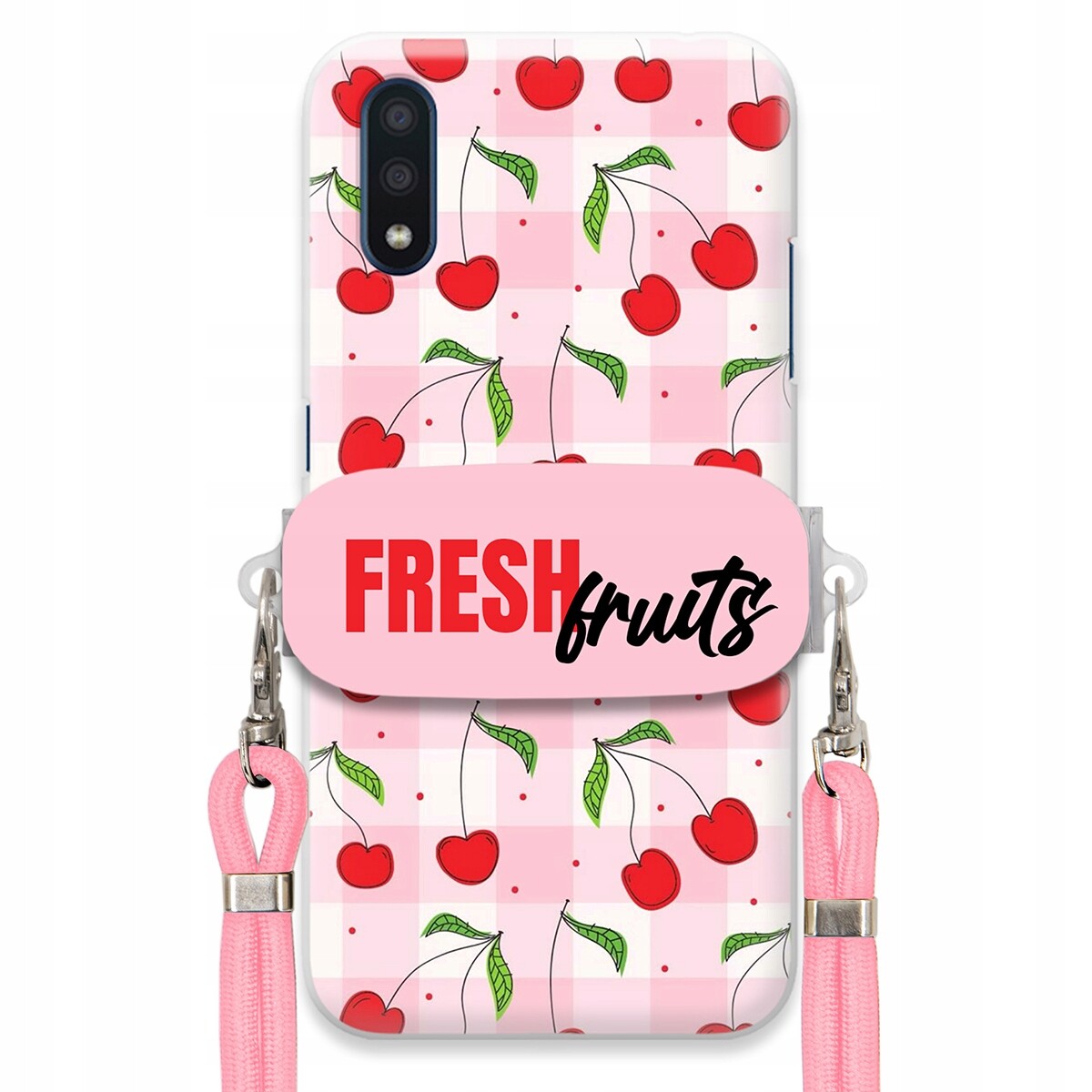 Pouzdro pro Samsung A01 Case Držák Šňůrka Růžová Fresh Fruits Mřížka Ovoce
