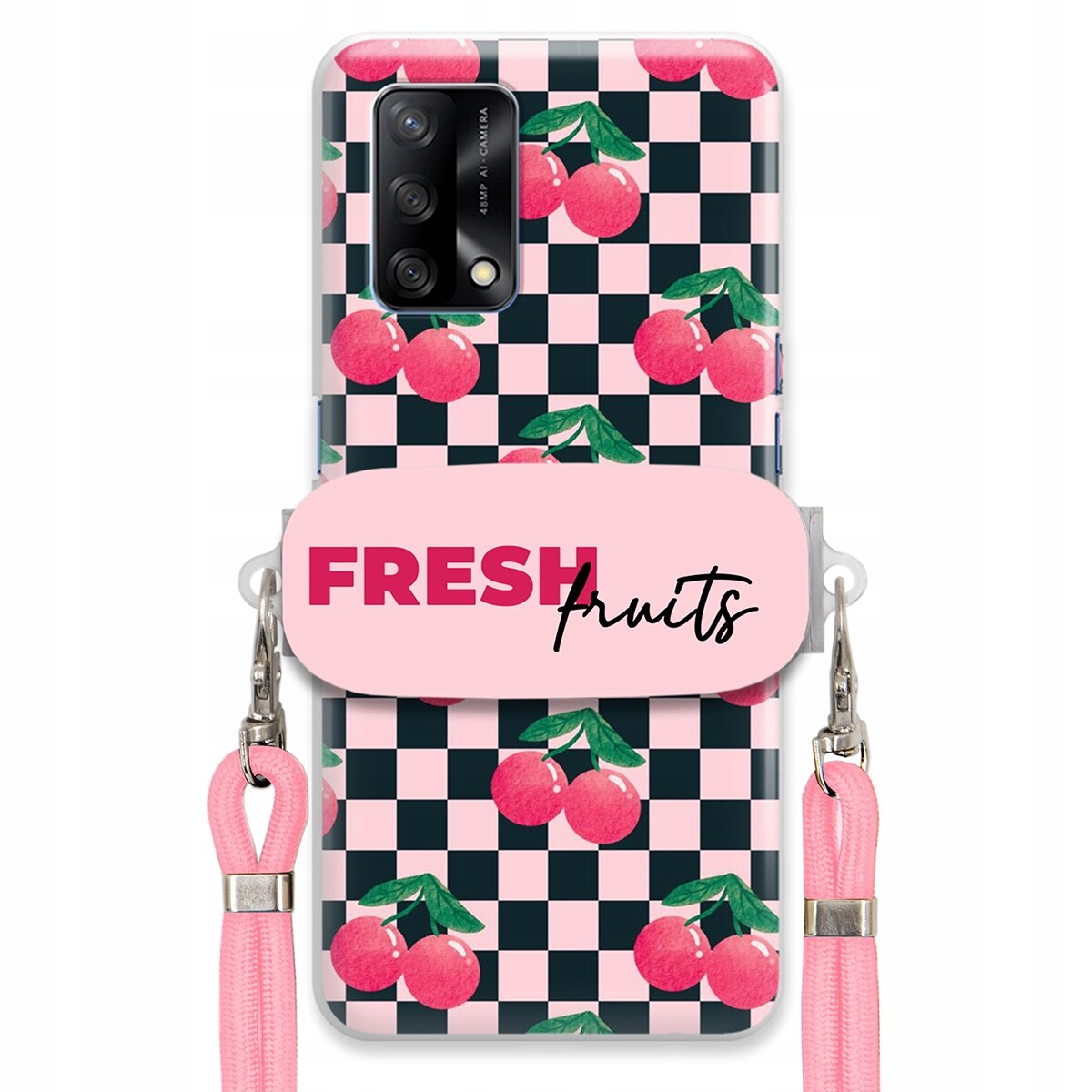 Pouzdro pro Oppo A74 4G Vodítko Pink Crossbody Držák Šachovnice Fresh Fruits