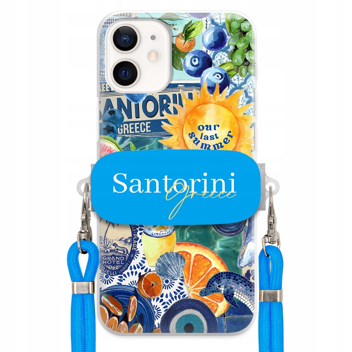 Pouzdro pro iPhone 12 Mini Modré Crossbody vodítko držák Santorini Greece