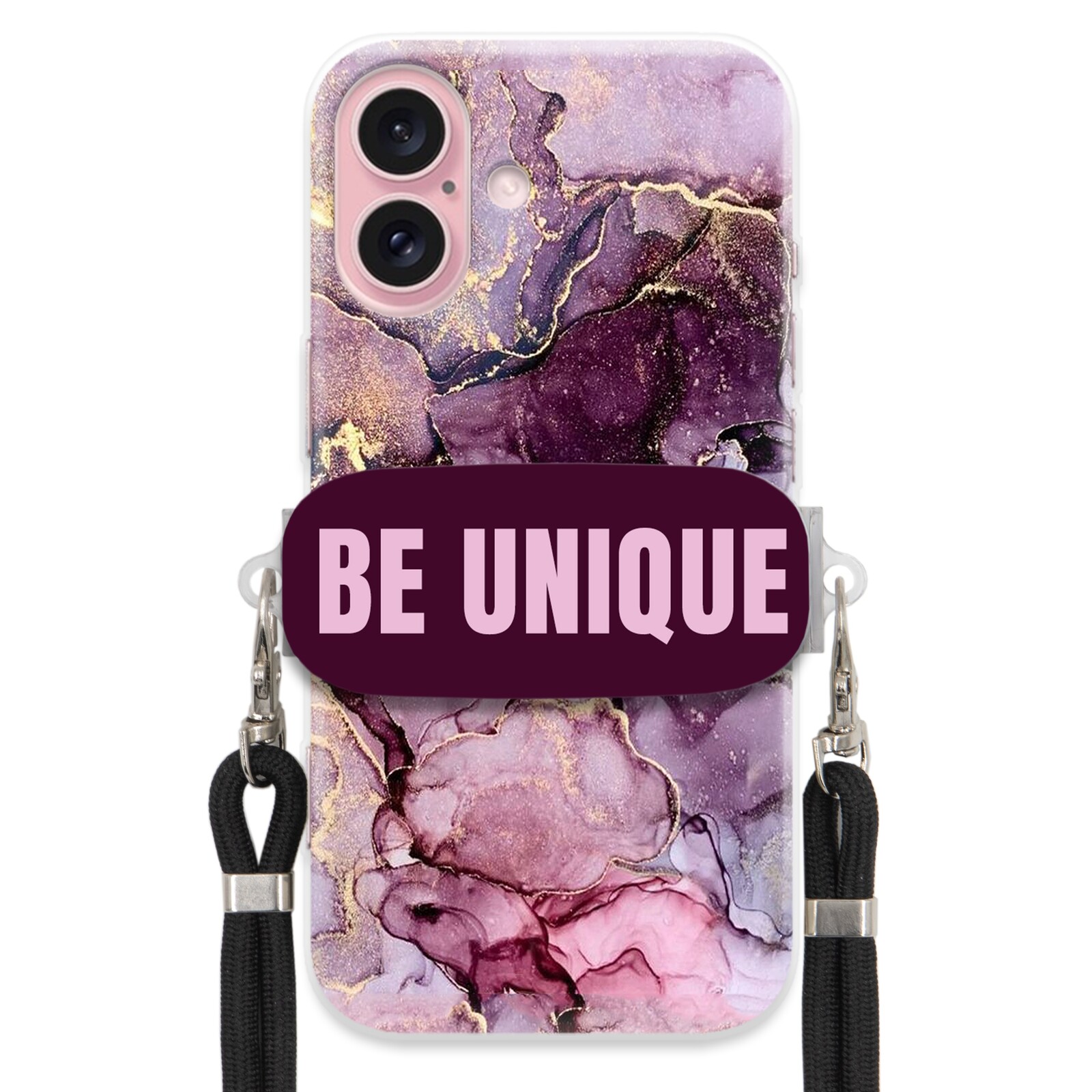 Pouzdro Premium pro iPhone 16 Case úchytka pro šňůrku Černý Fialový mramor