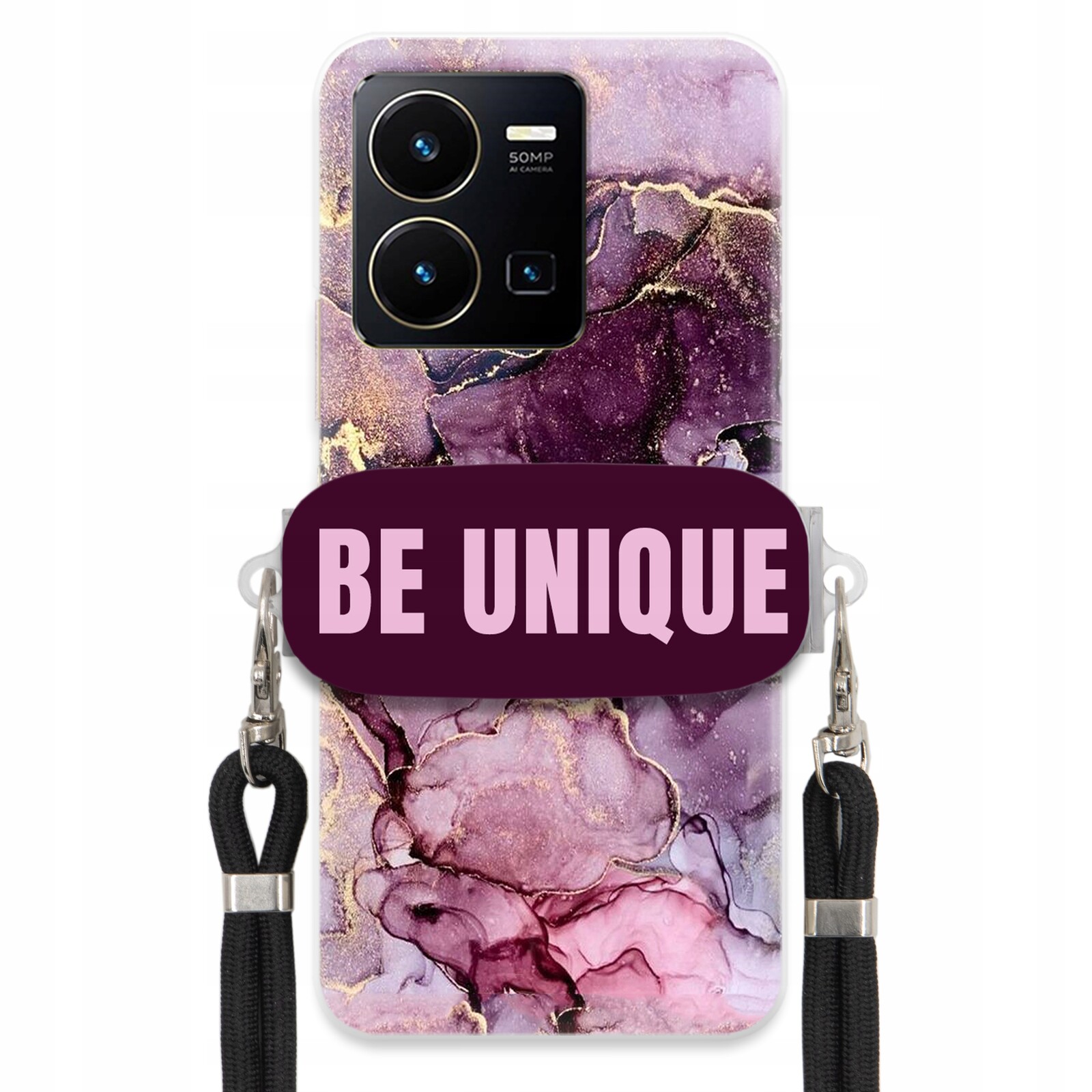 Pouzdro pro Vivo Y35 4G Case úchytka na šňůrku, černá fialová, mramorovaná