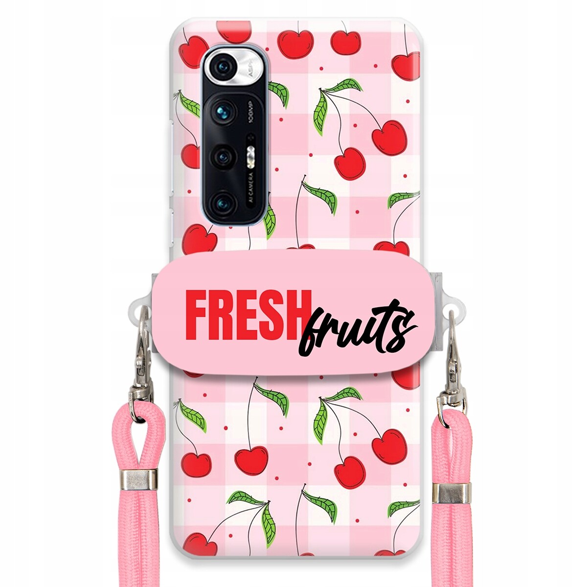 Pouzdro pro Xiaomi Mi 10s Držák Šňůrka Růžová Fresh Fruits Mřížka