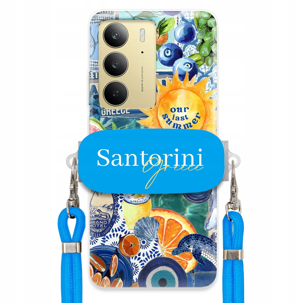 Pouzdro pro Realme C75 4G Modré Crossbody vodítko držák Santorini Greece