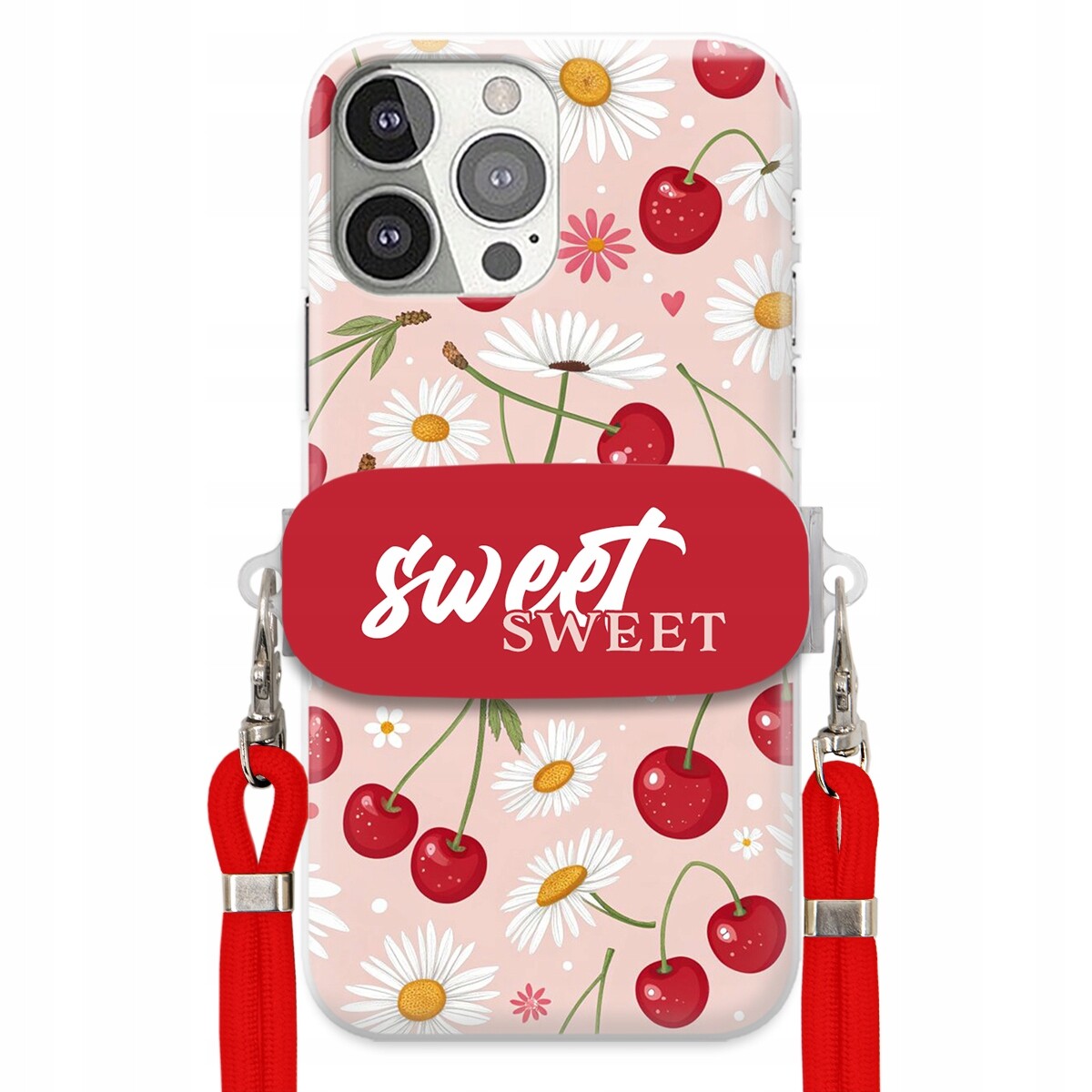 Pouzdro pro iPhone 13 Pro Červené vodítko držák Crossbody Sweet Višňový Květ