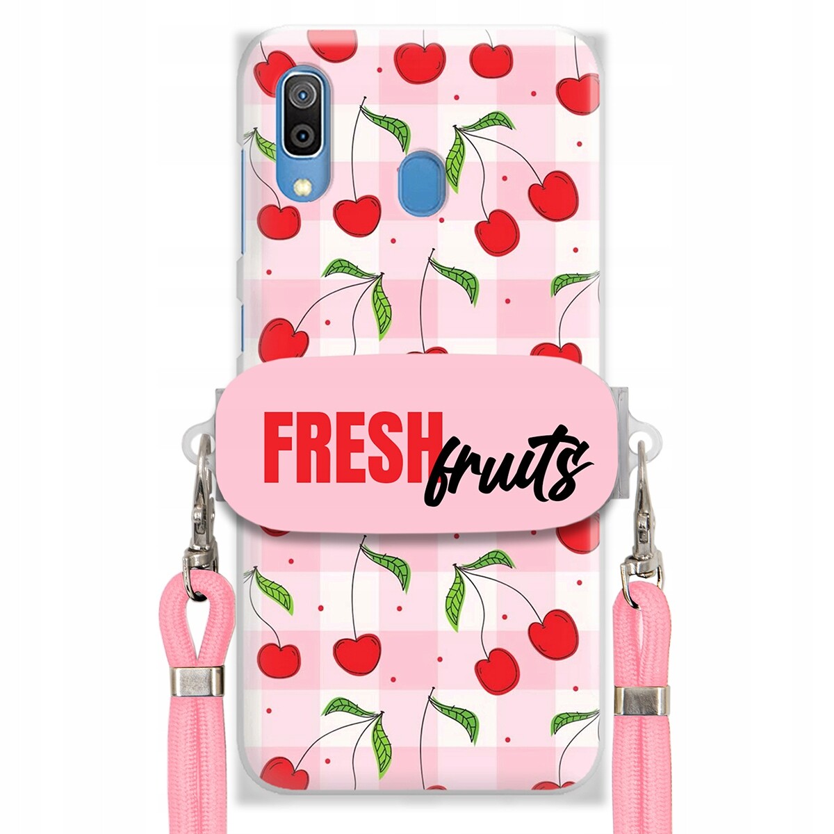 Pouzdro pro Samsung A30 Case Držák Šňůrka Růžová Fresh Fruits Mřížka Ovoce