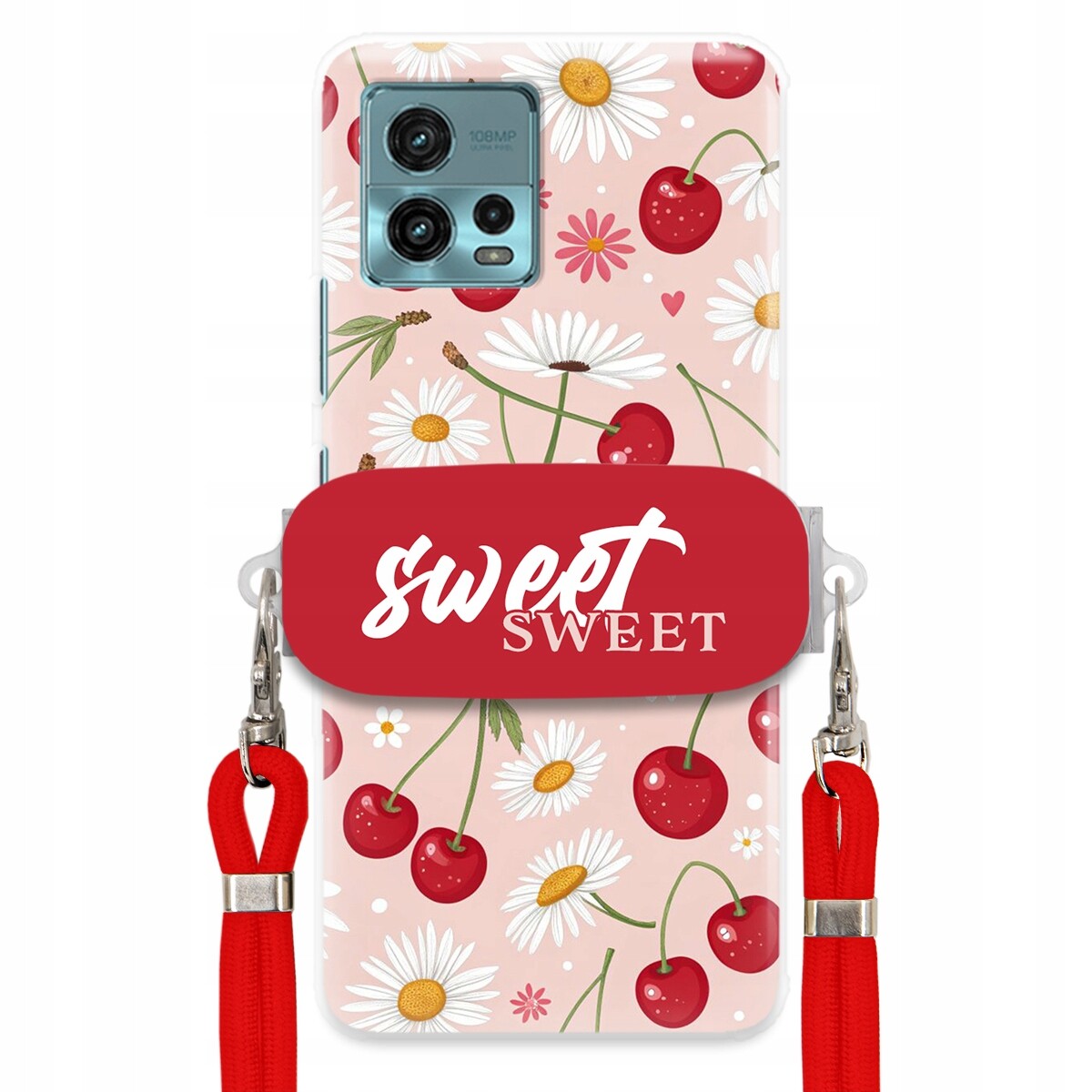 Pouzdro pro Motorola G72 Červené vodítko držák Crossbody Sweet Višňový Květ