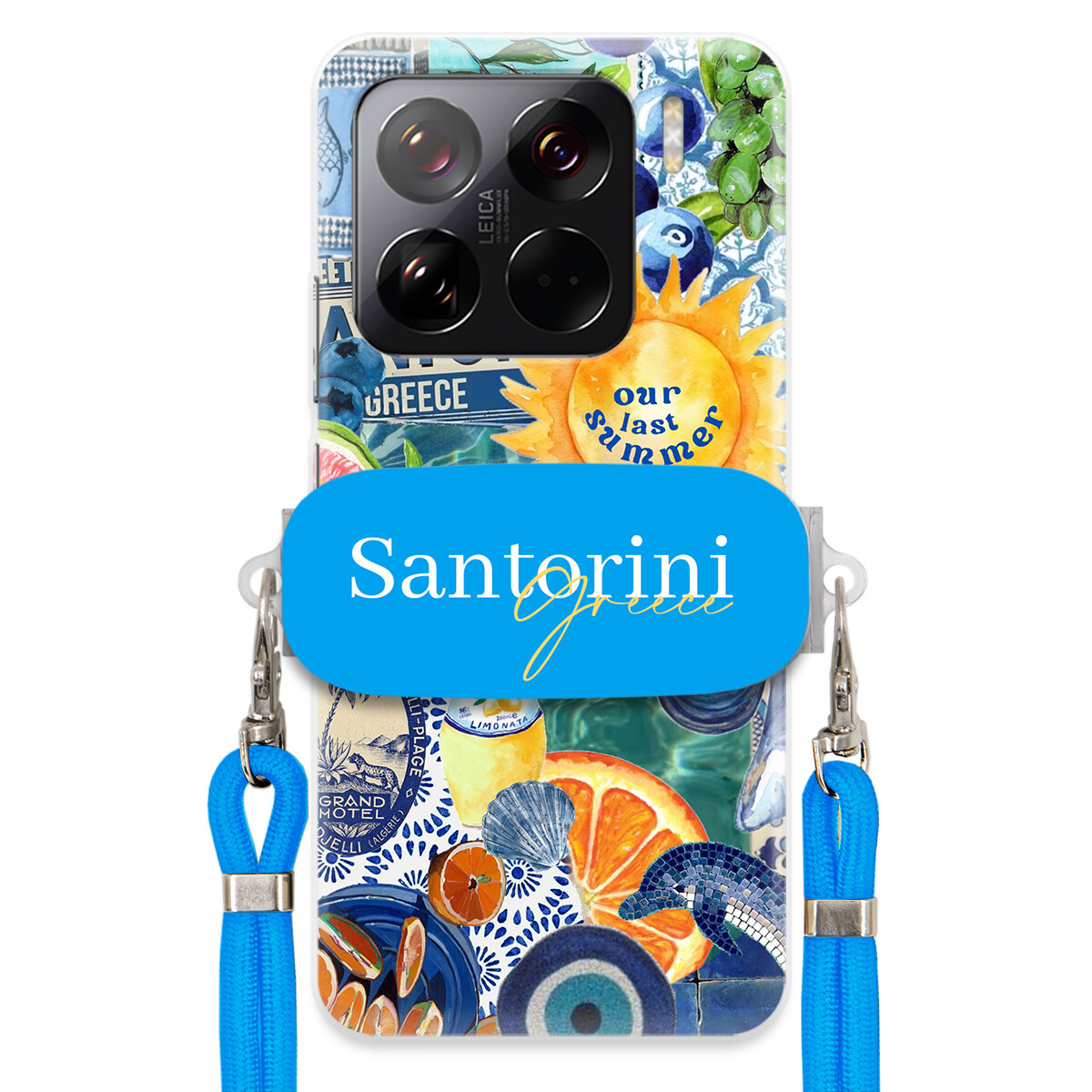 Pouzdro pro Xiaomi 15 Pro Modré Crossbody vodítko držák Santorini Greece