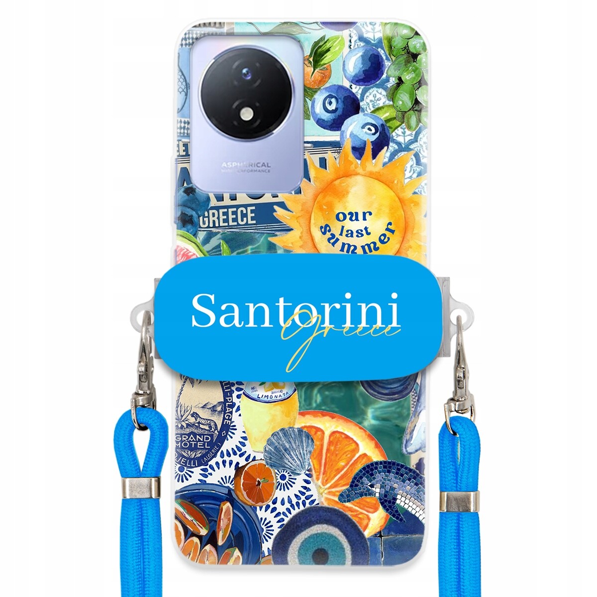 pouzdro na Vivo Y11 2023 Modré Crossbody vodítko držák Santorini Greece