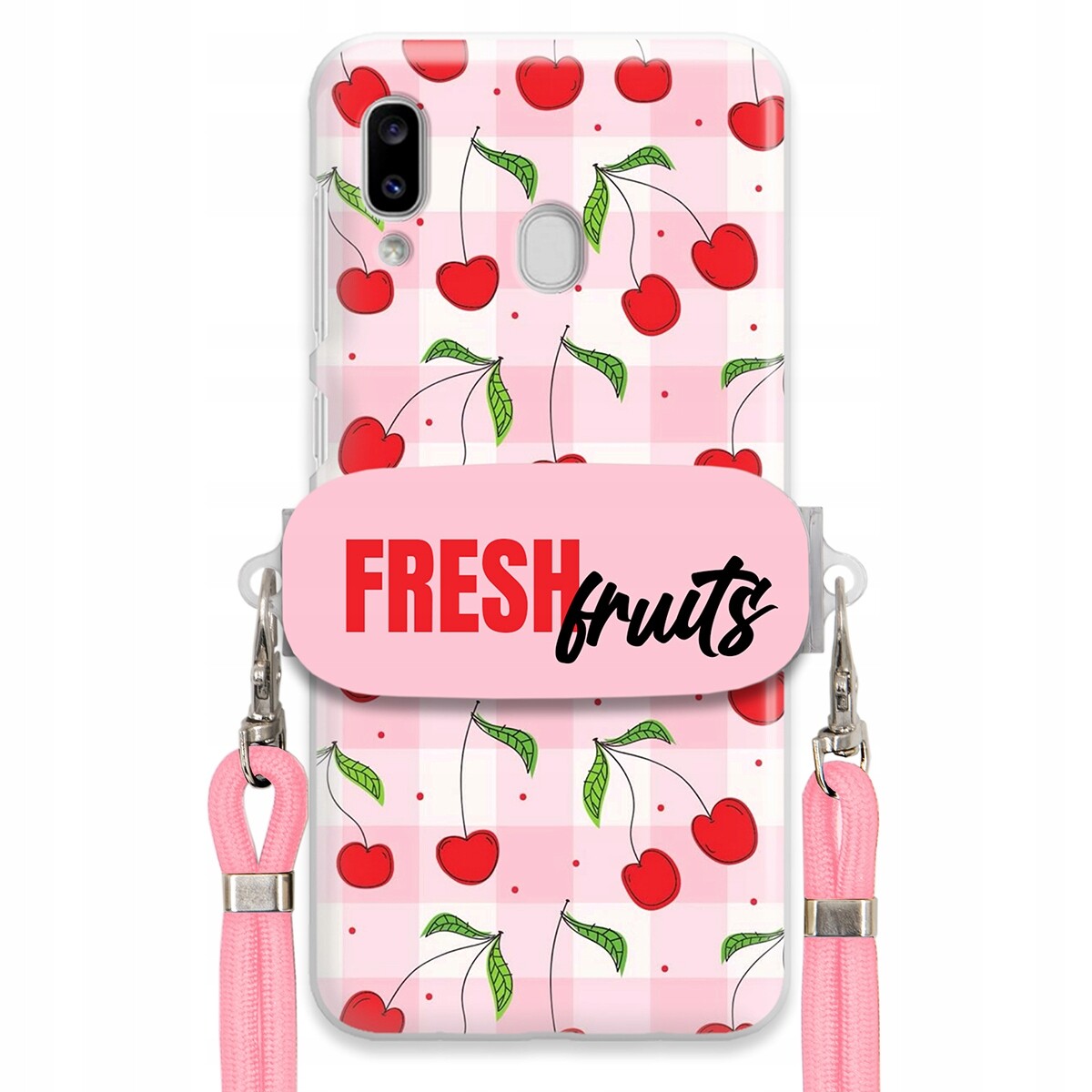 Pouzdro pro Samsung A20e Case Držák Šňůrka Růžová Fresh Fruits Mřížka Ovoce