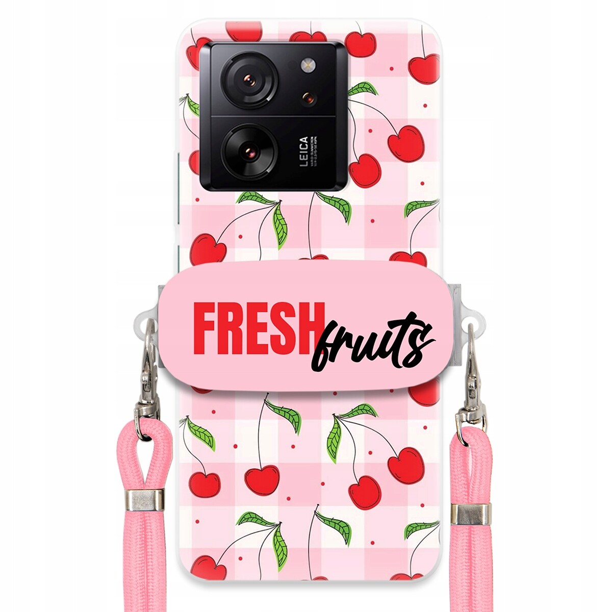 Pouzdro pro Xiaomi 13T Case Držák Šňůrka Růžová Fresh Fruits Mřížka Ovoce
