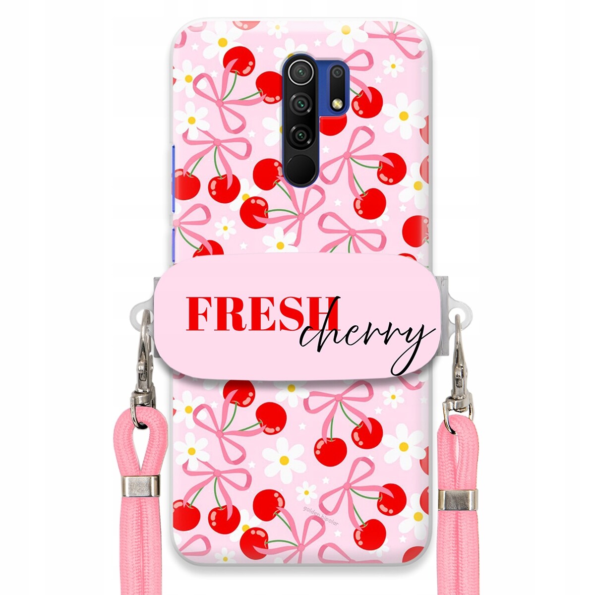 Pouzdro pro Xiaomi Redmi 9 Držák Šňůrka Růžová Fresh Cherry Kokardy