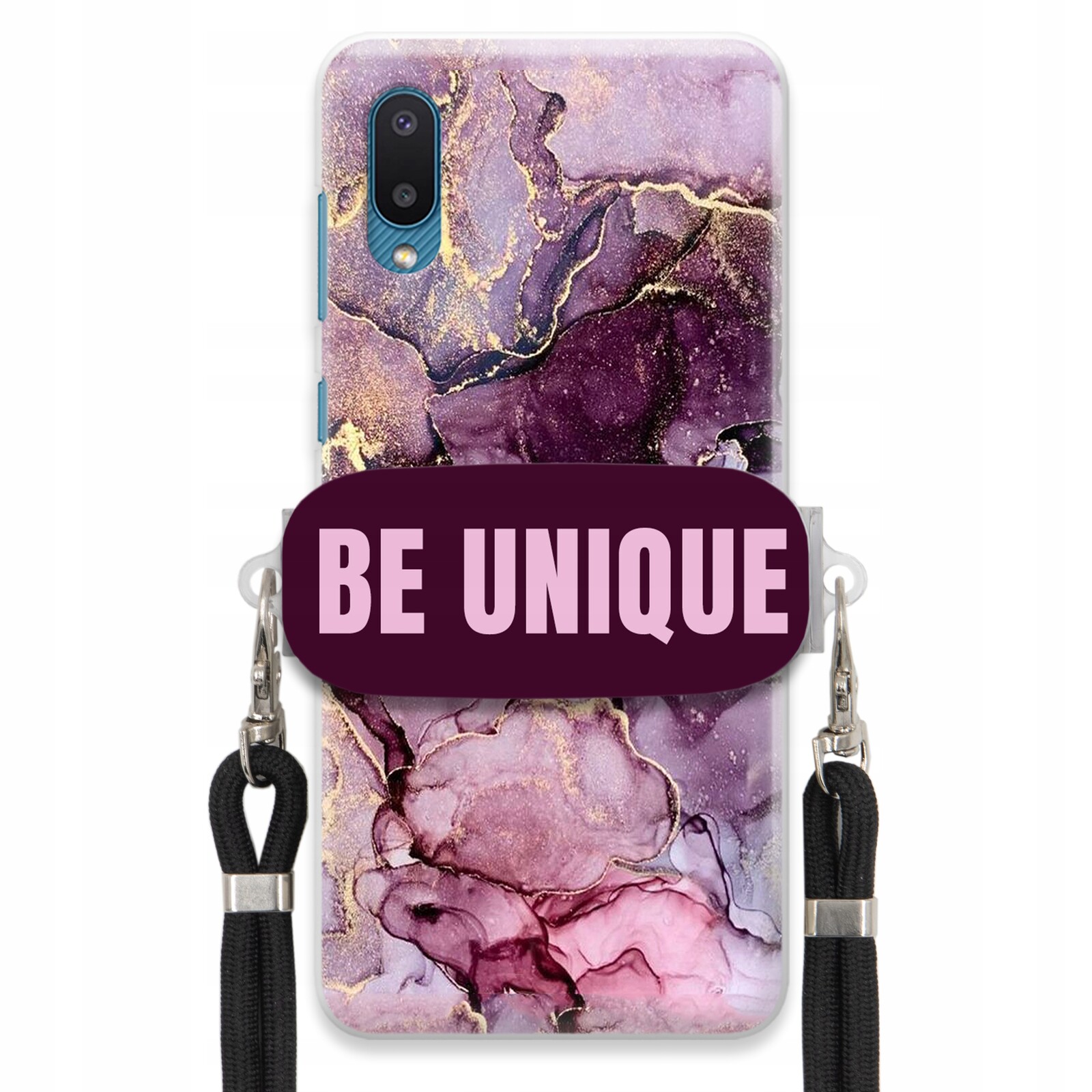Pouzdro Premium pro Samsung M02 Case úchytka na šňůrku, černá fialová, mramorová barva