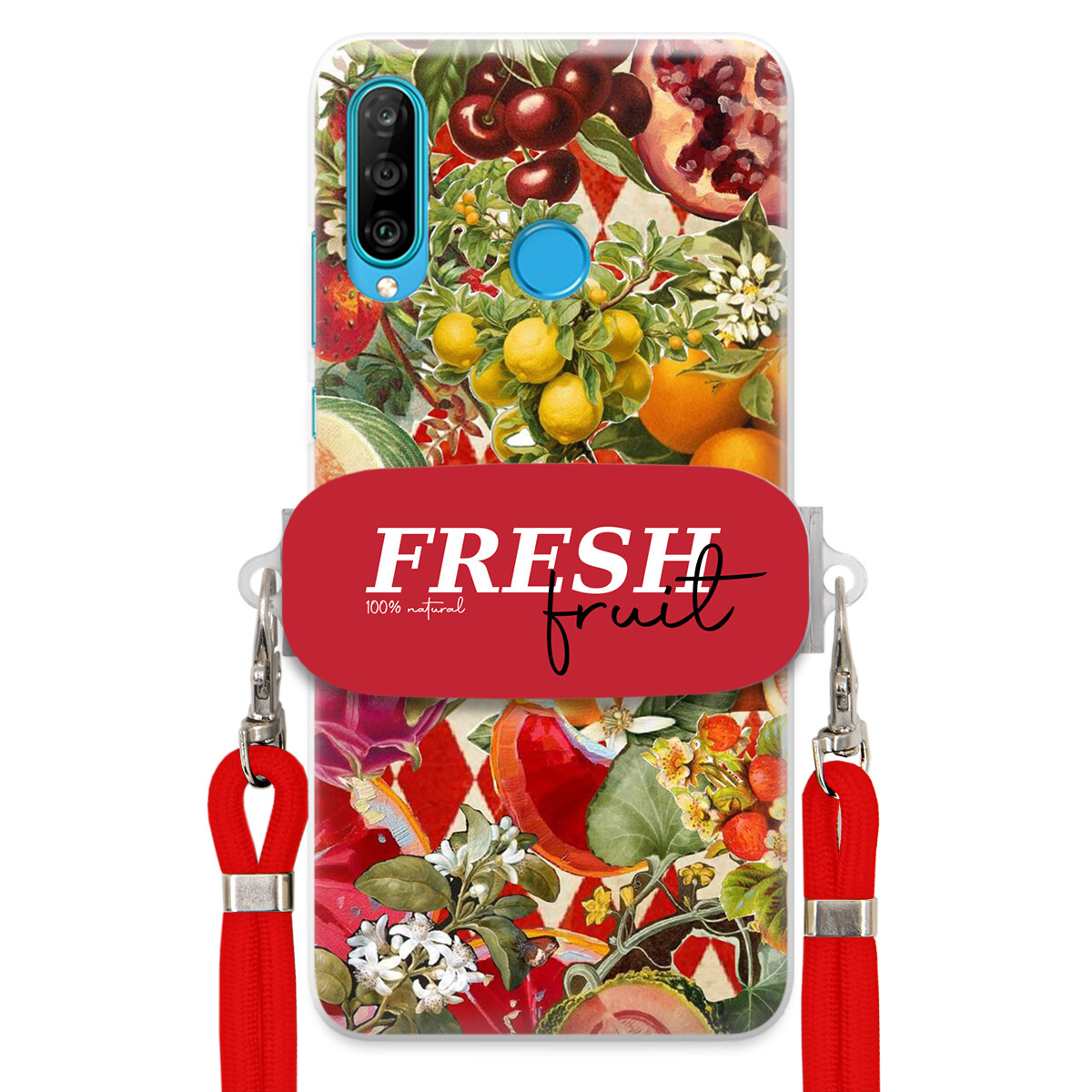 Pouzdro pro Huawei P30 Lite Červené Crossbody vodítko Držák Fresh Fruit Ovoce
