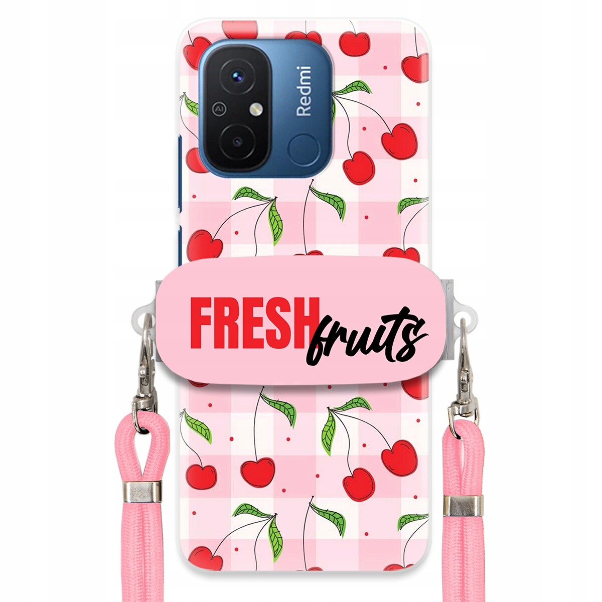 Pouzdro pro Xiaomi Redmi 12C Case Držák Šňůrka Růžová Fresh Fruits Mřížka
