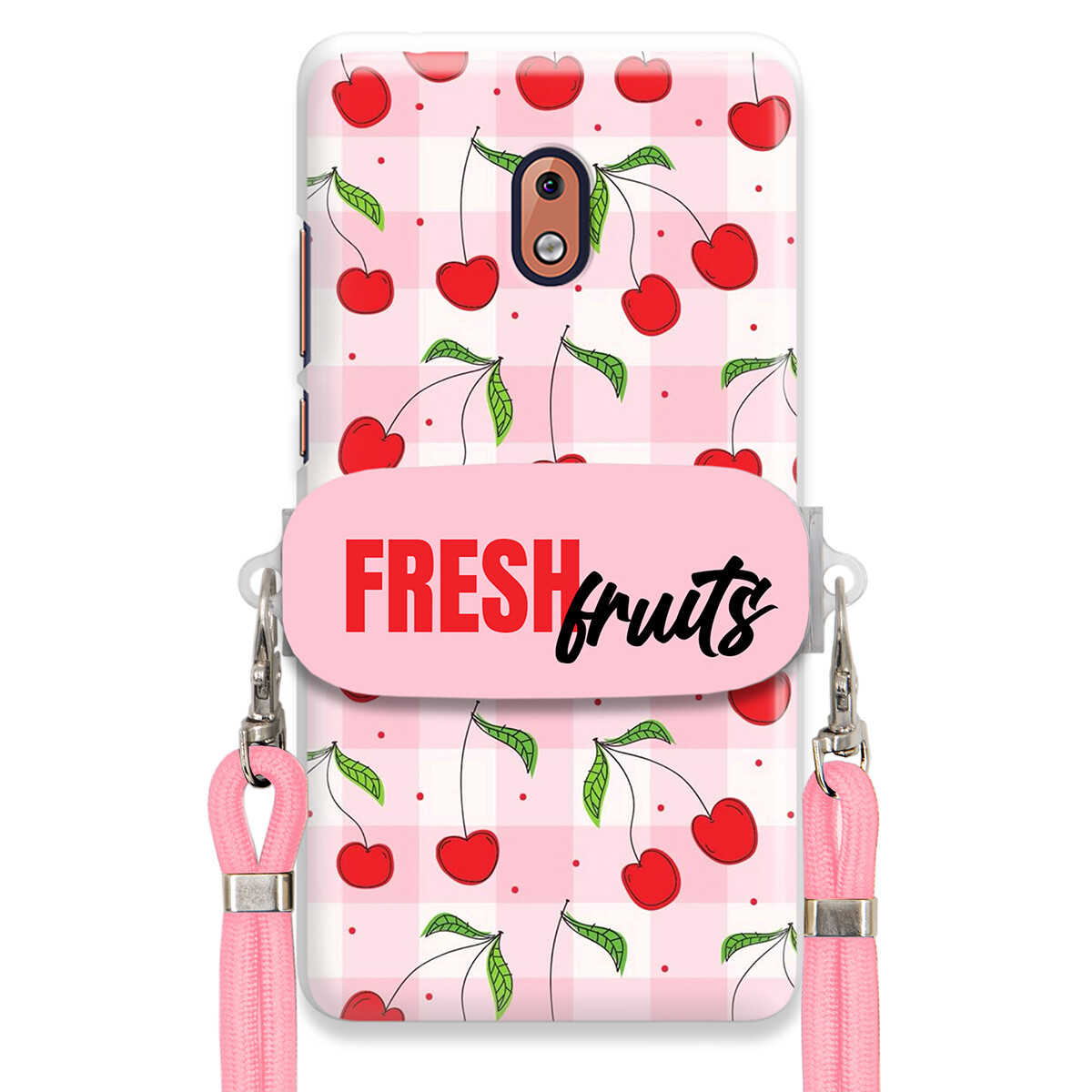 Pouzdro pro Nokia 2.1 Case Držák Šňůrka Růžová Fresh Fruits Mřížka Ovoce