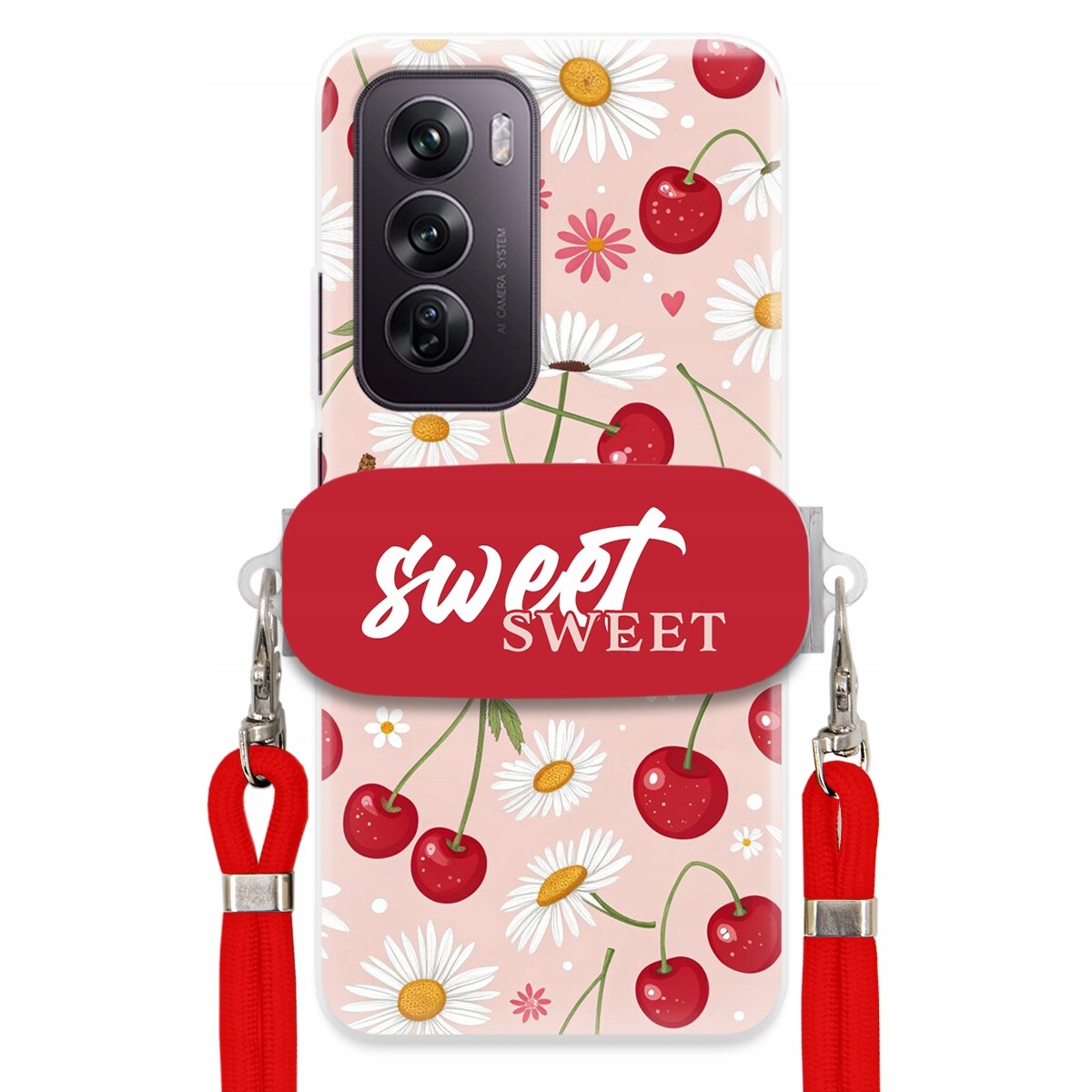 Pouzdro pro Oppo Reno 12 Pro 5G Červené vodítko držák Sweet Sweet Višňový Květ