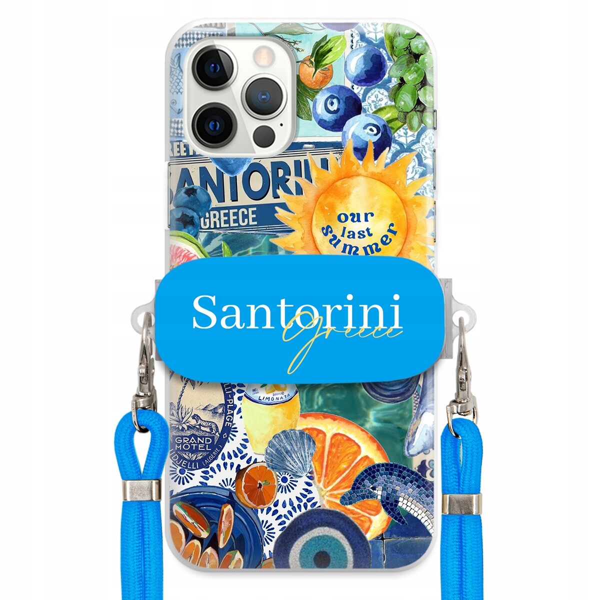 Pouzdro pro iPhone 12 Pro Modré vodítko Crossbody držák Santorini Greece