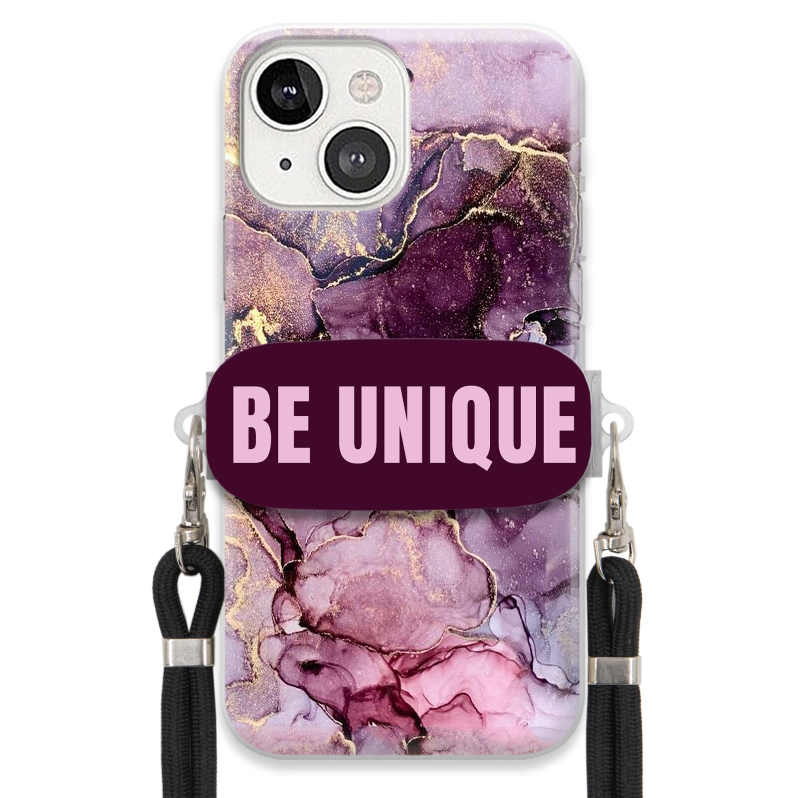 Pouzdro Premium pro iPhone 13 Case úchytka na šňůrku Černá Fialová Mramorová