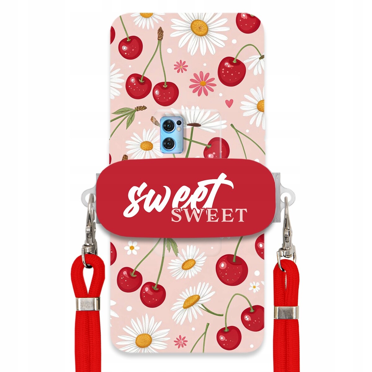 Pouzdro pro Oppo Reno 7 Pro Červené vodítko držák Crossbody Sweet Višňový Květ