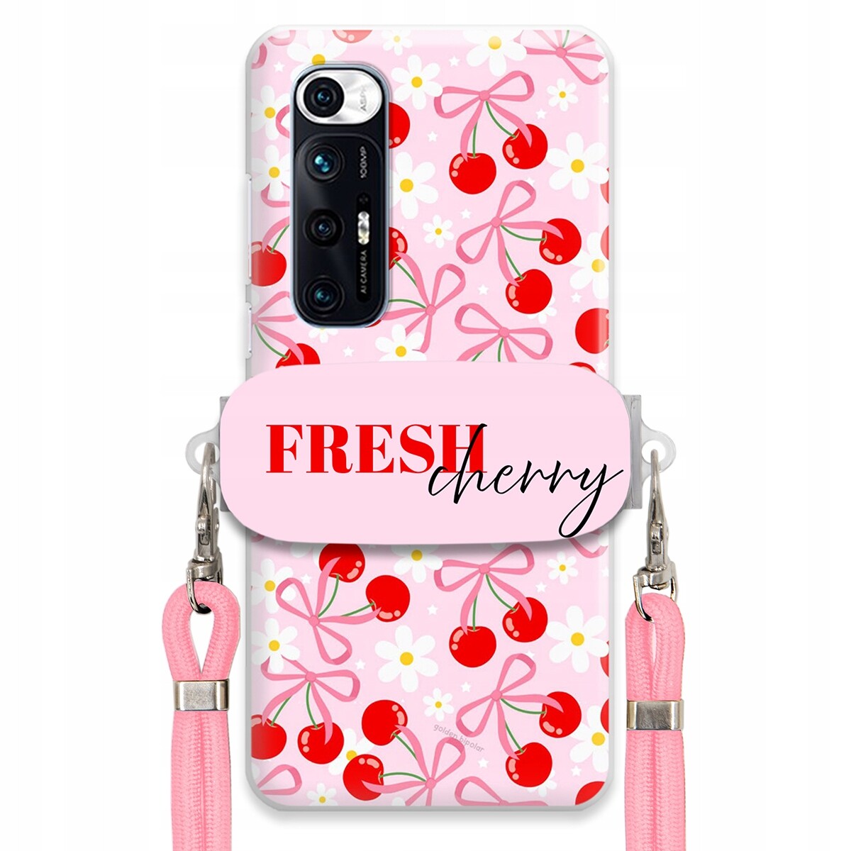 Pouzdro pro Xiaomi Mi 10s Držák Šňůrka Růžová Fresh Cherry Kokardy