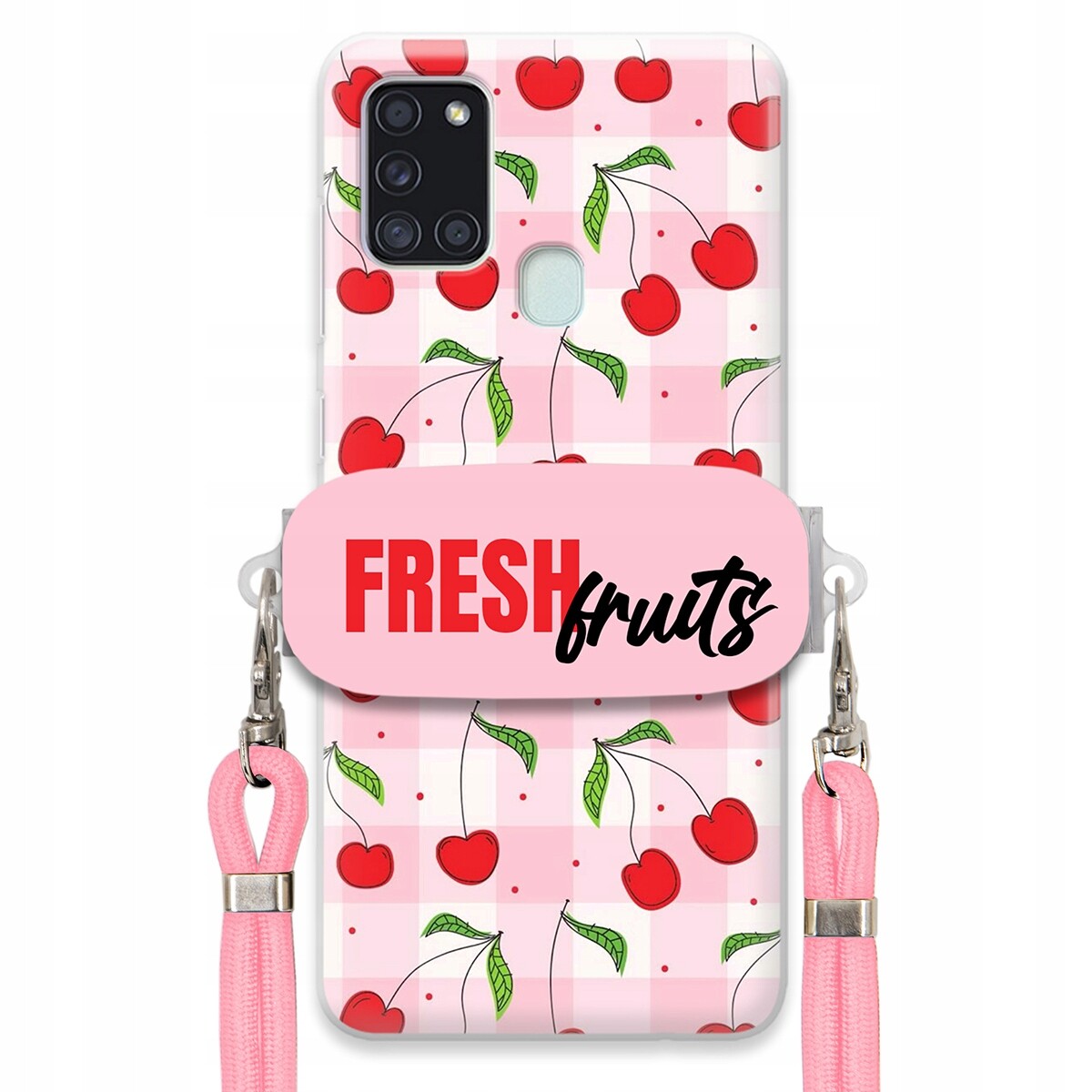 Pouzdro pro Samsung A21s Case Držák Šňůrka Růžová Fresh Fruits Mřížka Ovoce