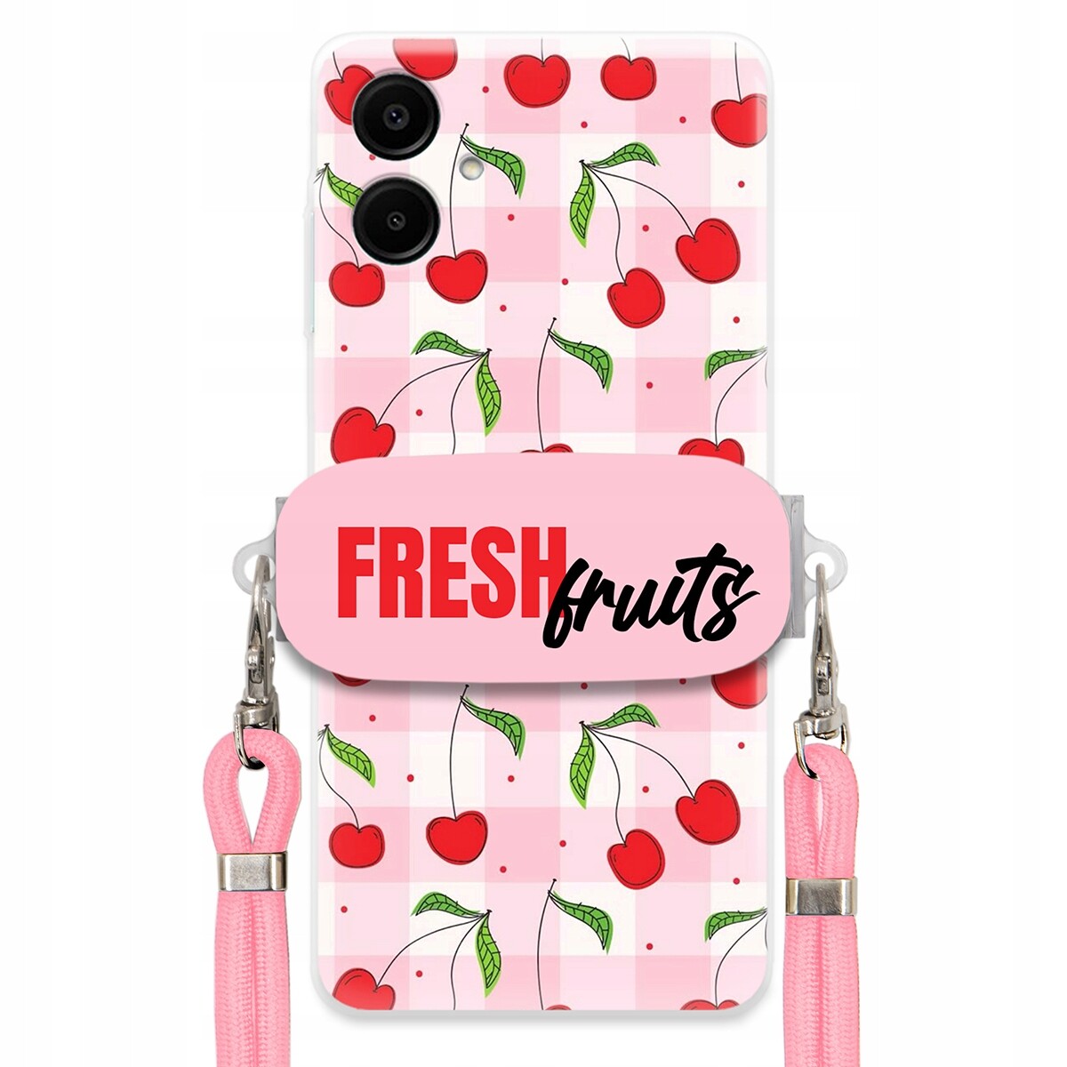 Pouzdro pro Samsung A06 Case Držák Šňůrka Růžová Fresh Fruits Mřížka Ovoce