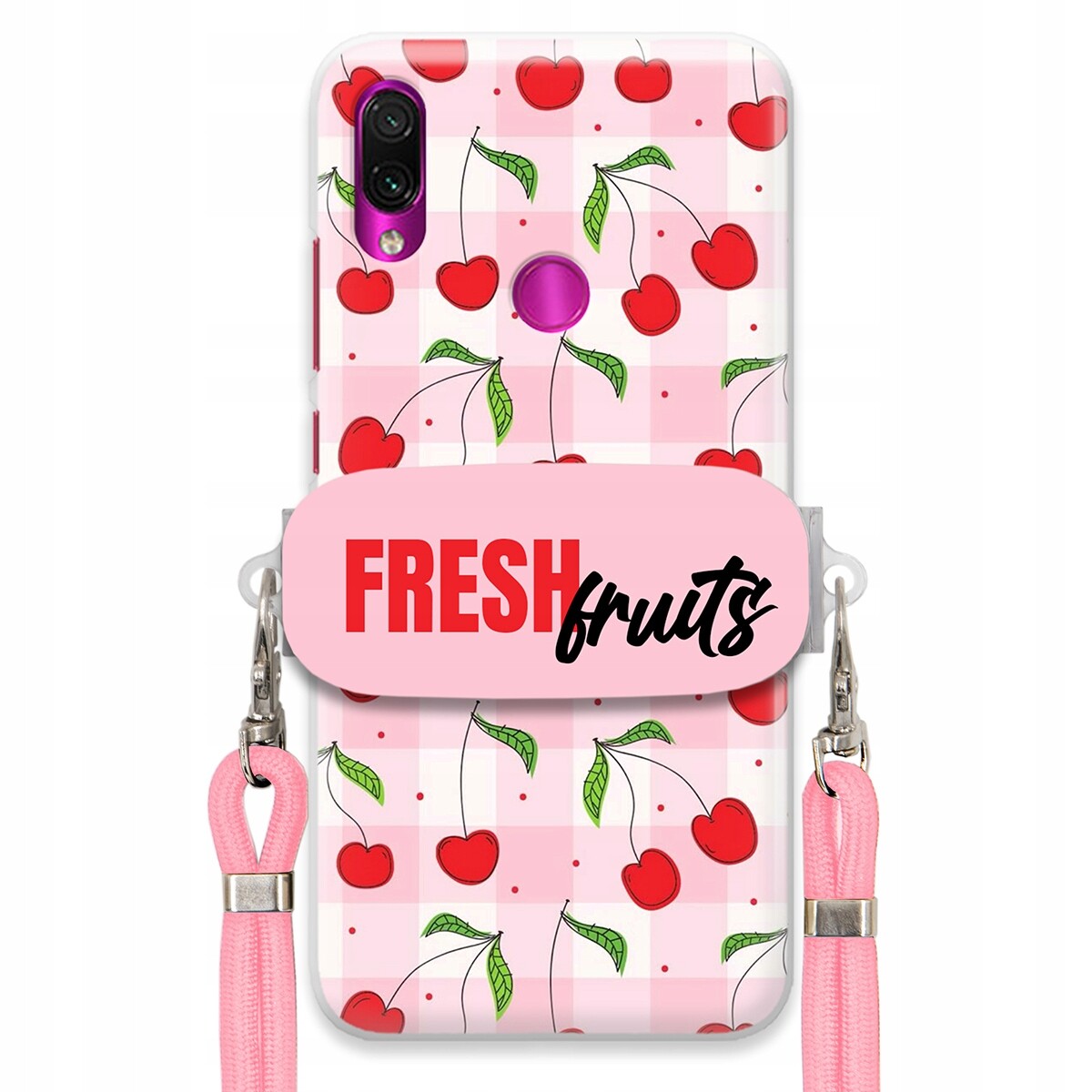 Pouzdro pro Xiaomi Redmi Note 7 Case Držák Šňůrka Růžová Fresh Fruits Mřížka