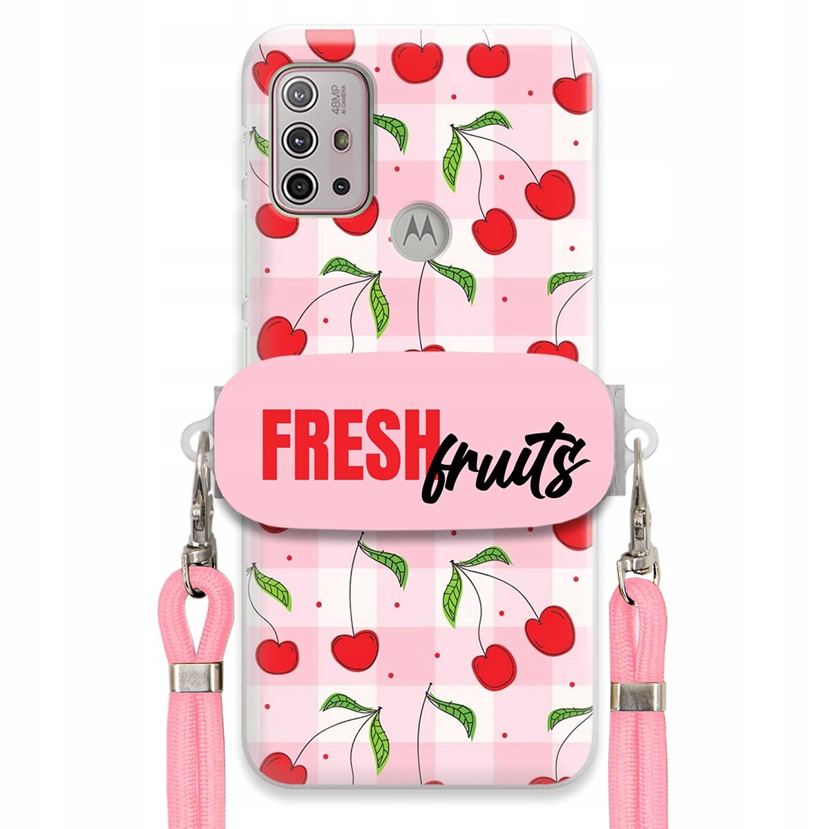 Pouzdro pro Motorola G20 Case Držák Šňůra Růžová Fresh Fruits Mřížka Ovoce