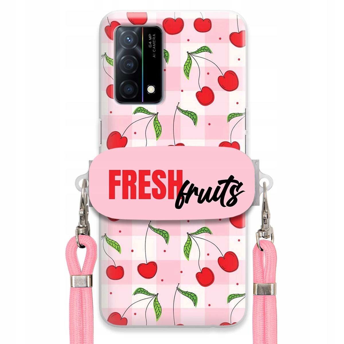 Pouzdro pro Oppo K9 5G Case Držák Šňůrka Růžová Fresh Fruits Mřížka Ovoce