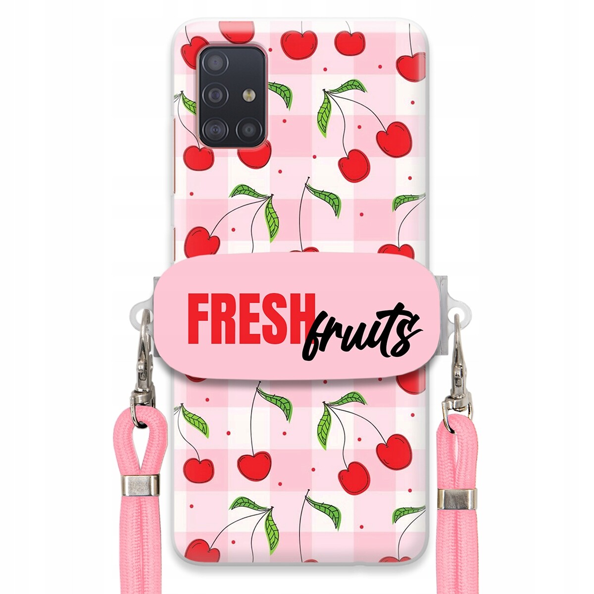 Pouzdro pro Samsung A51 Case Držák Šňůrka Růžová Fresh Fruits Mřížka Ovoce
